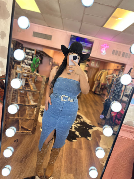 RHINESTONE DENIM DRESS