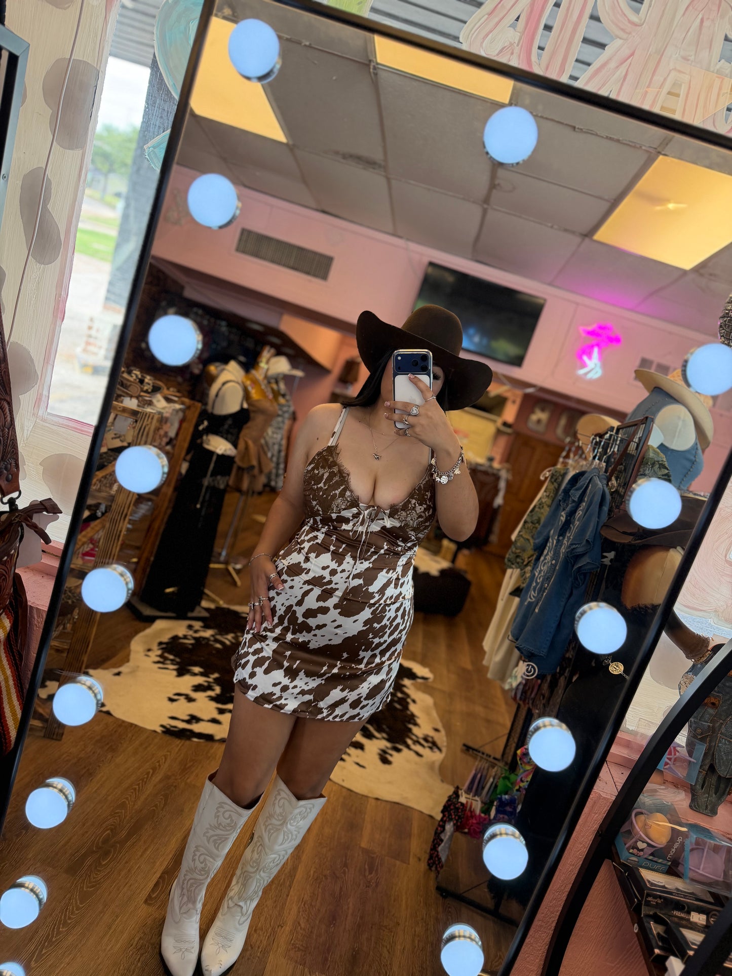 SATIN COWPRINT DRESS WITH LACE